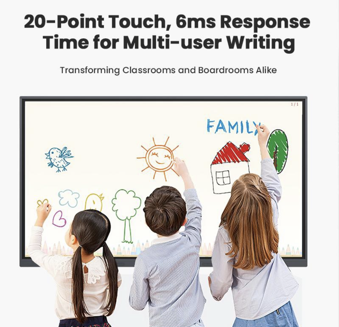 Tiga anak menulis bersamaan di smart board KEINONE dengan 20 titik sentuh