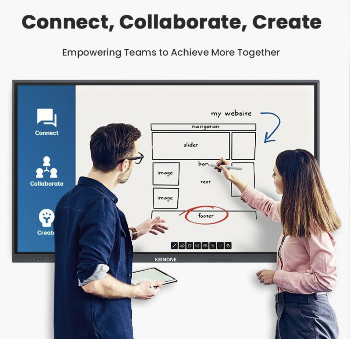 Smart board KEINONE dipakai dua orang untuk diskusi tim di layar whiteboard