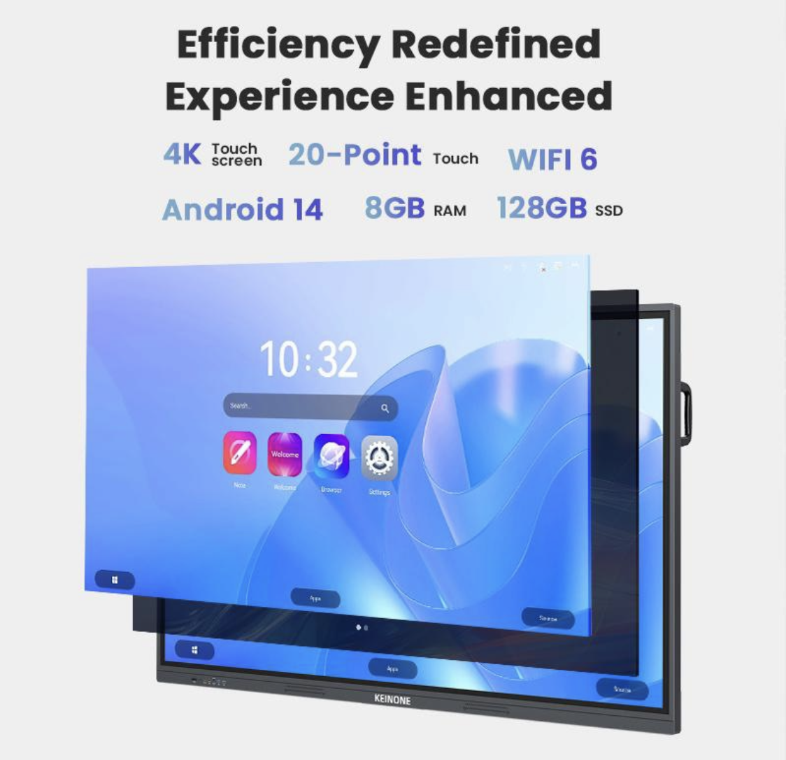 Smart board KEINONE layar sentuh 4K, Android 14, RAM 8 GB, penyimpanan 128 GB