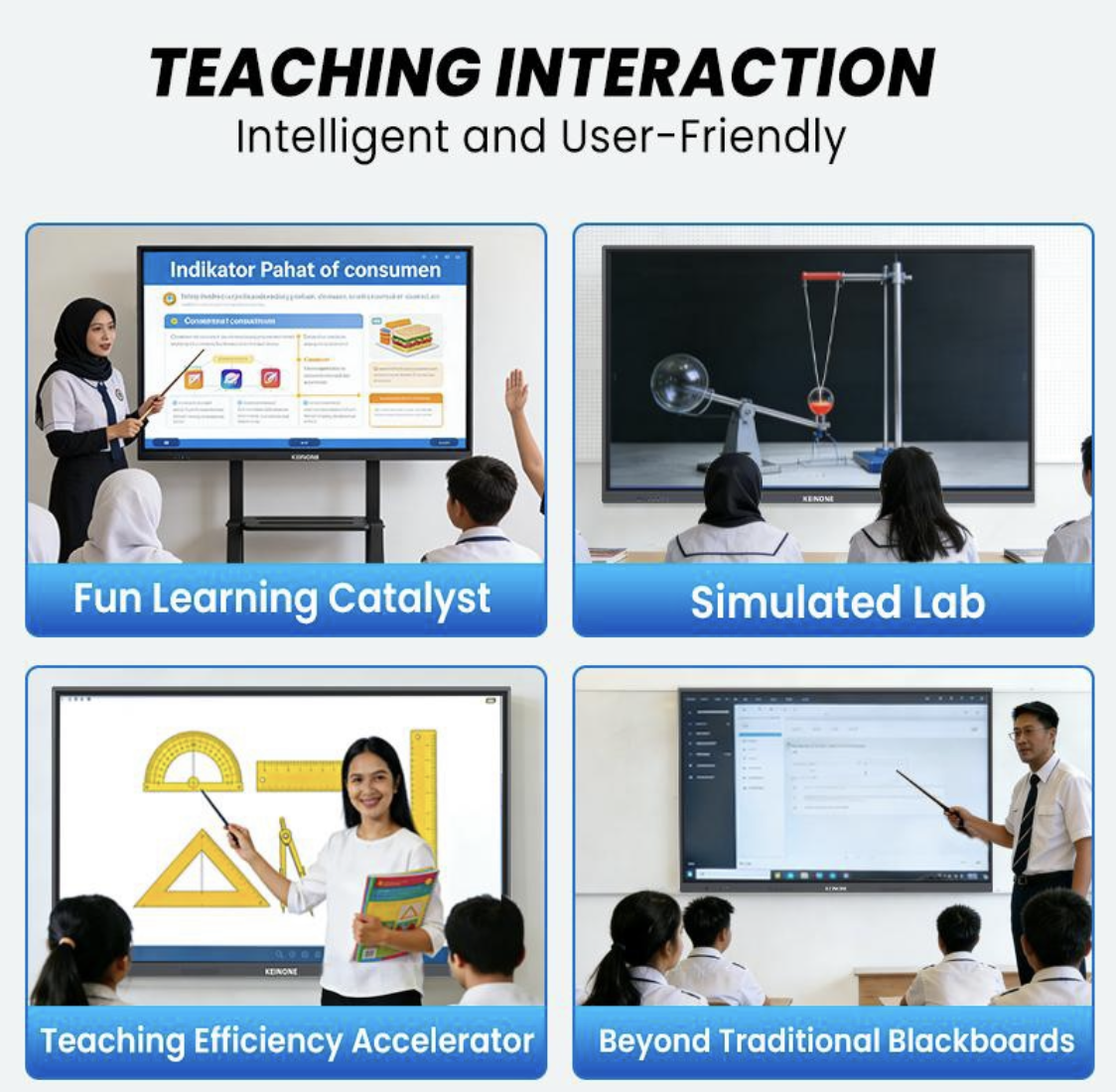Guru mengajar dengan smart board KEINONE untuk materi, simulasi laboratorium, dan alat ukur geometri
